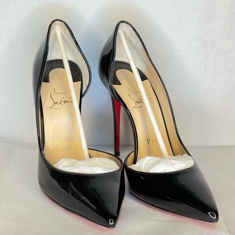 Christian Louboutin “Iriza” glossy patent black Lthr pumps EU37 100mm stiletto.